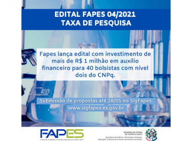 Fapes abre Edital Taxa de Pesquisa com investimento de mais de R$ 1 milhão para 40 auxílios financeiros